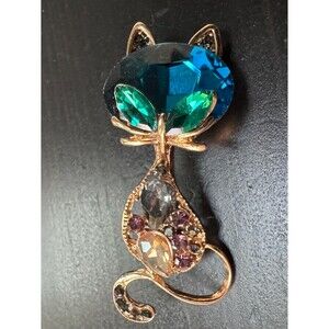 Vintage Deco Cat Blue Feline Crystal Rhinestone Brooch Pin B9
